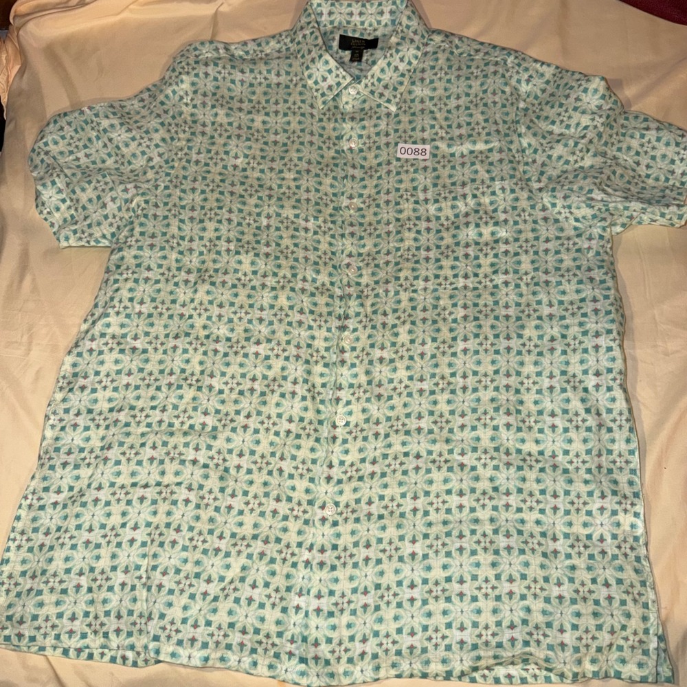 Club Room Luxury Mens XL Geometric Tile Print 100% Linen Short Sleeve Shirt